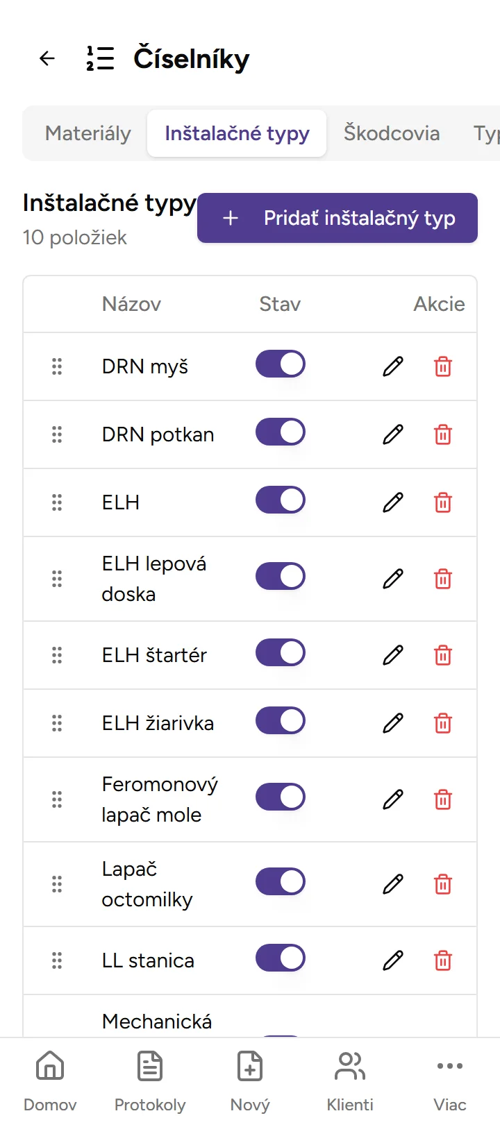 Číselník inštalačných typov - Mobile