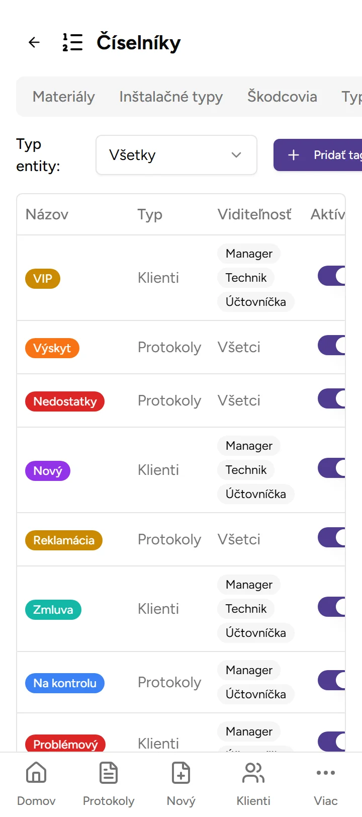 Číselník tagov - Mobile