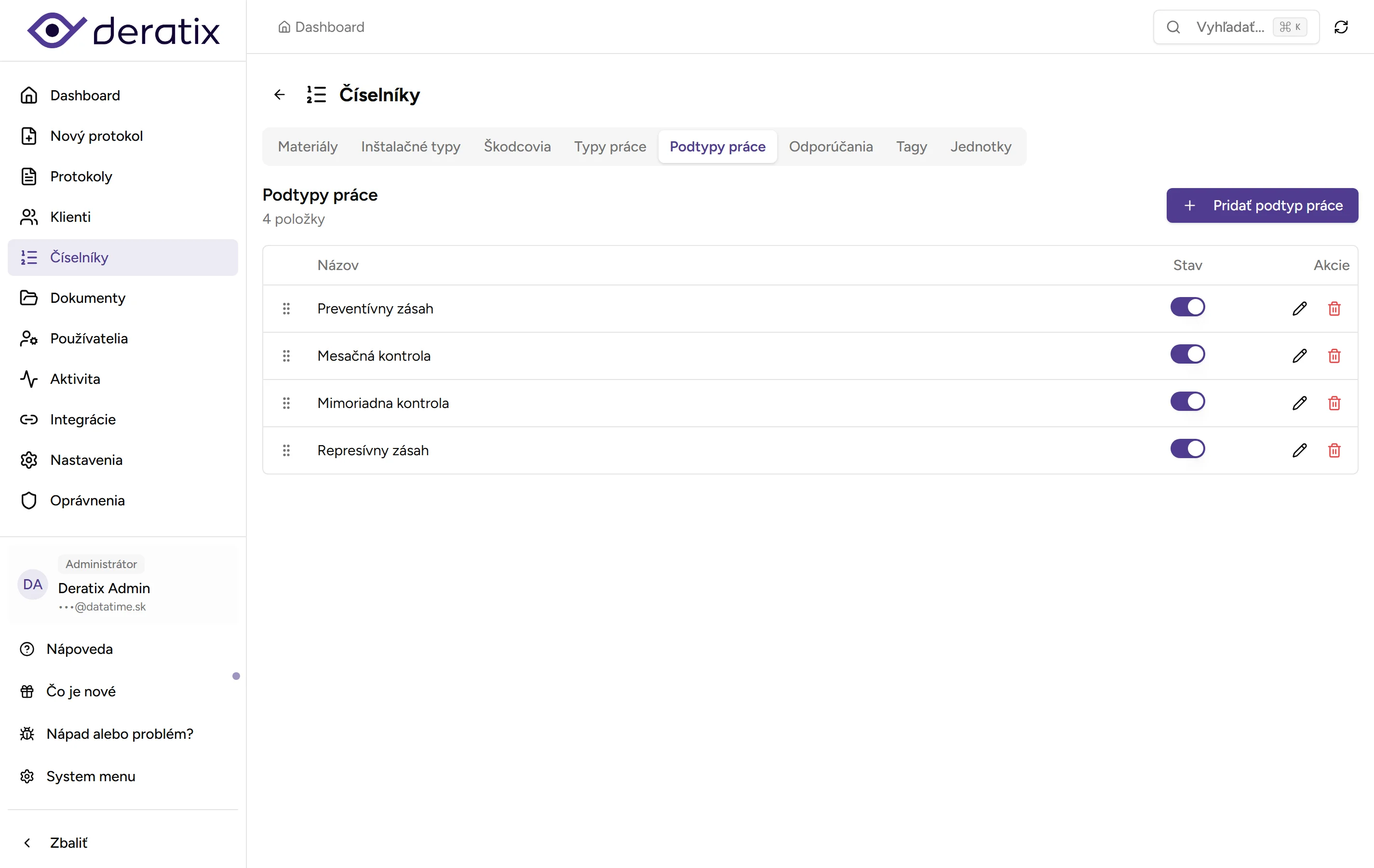 Číselník podtypov práce - Desktop