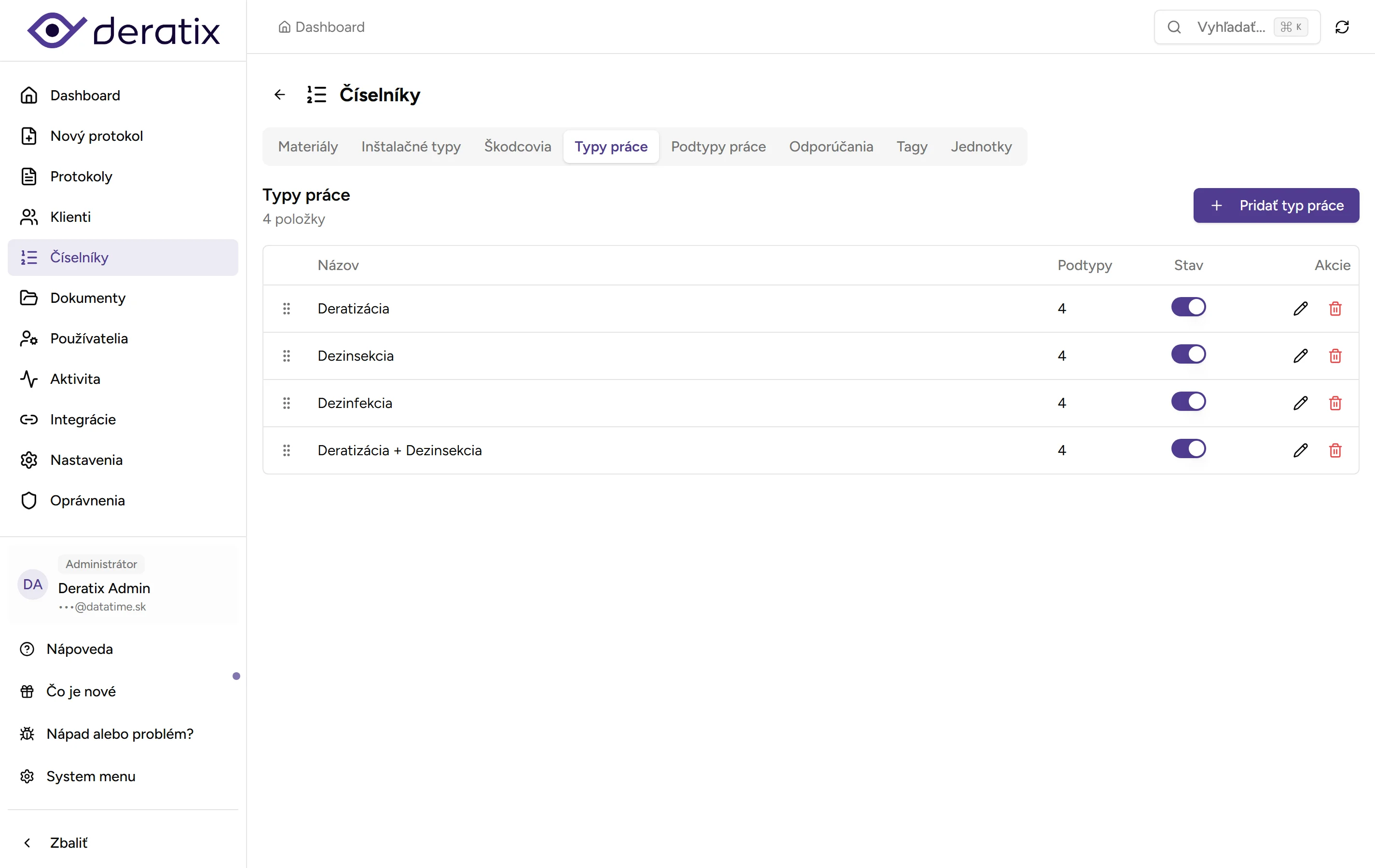 Číselník typov práce - Desktop