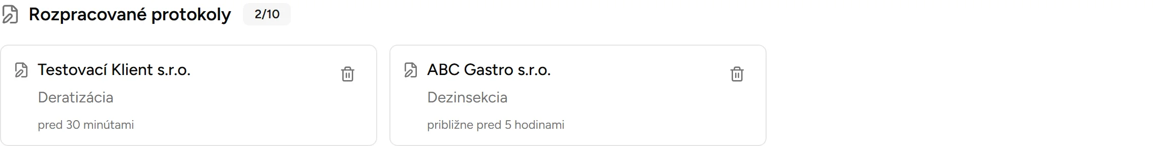 Rozpracované protokoly na dashboarde - Desktop