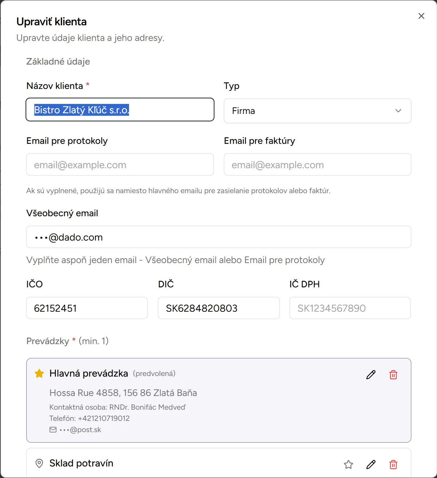 Dialóg editácie klienta - Desktop