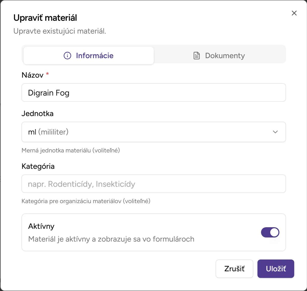 Dialóg editácie materiálu - Desktop