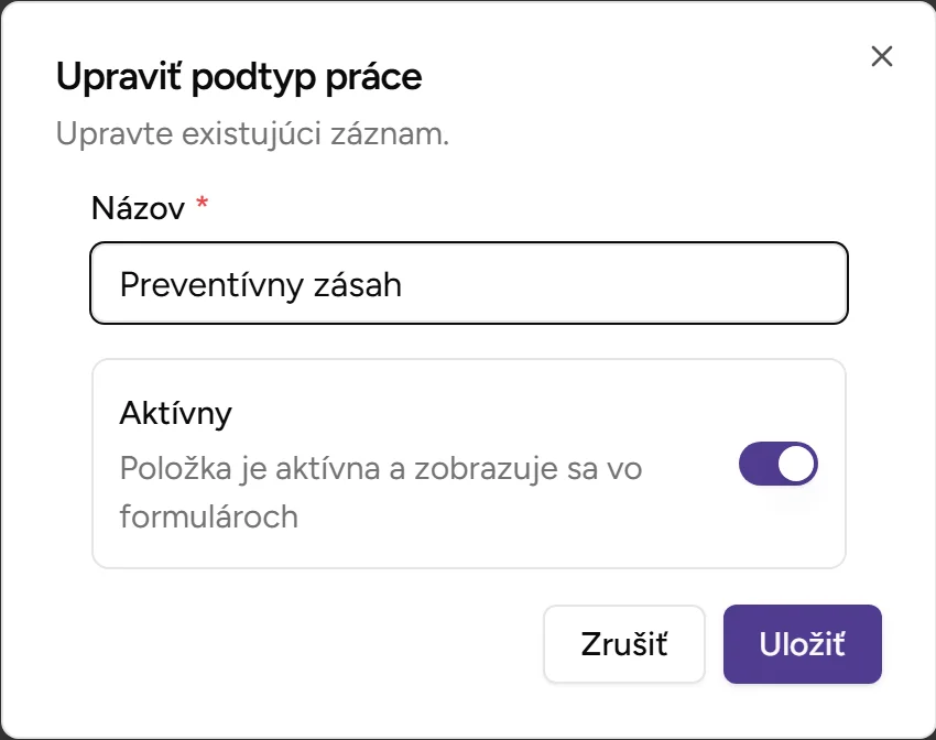 Dialóg editácie podtypu práce - Desktop
