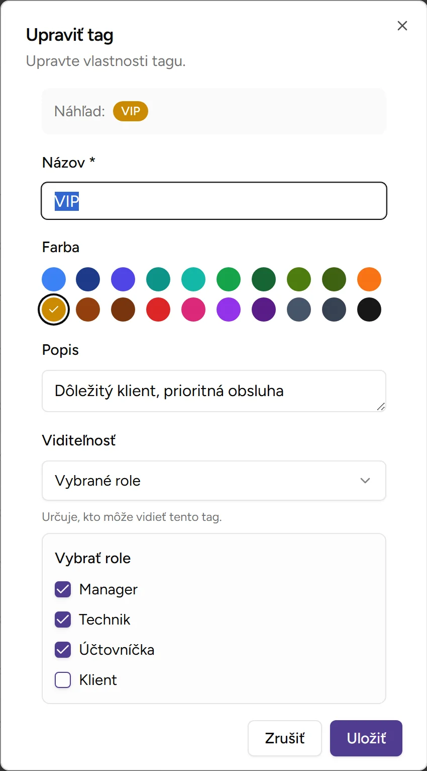 Dialóg editácie tagu - Desktop