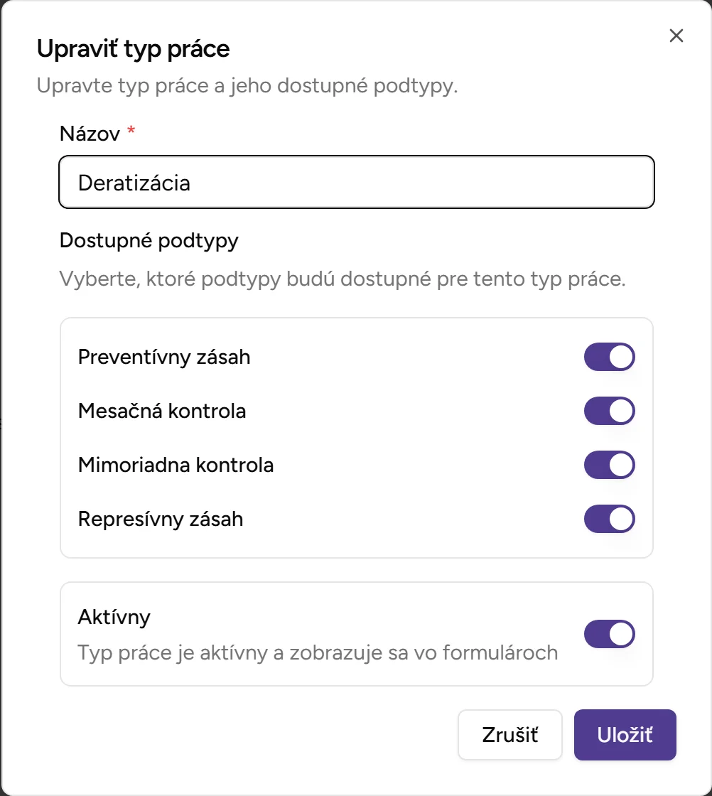 Dialóg editácie typu práce - Desktop