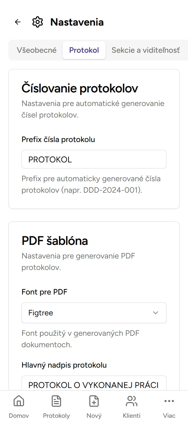 Nastavenia protokolu - Mobile