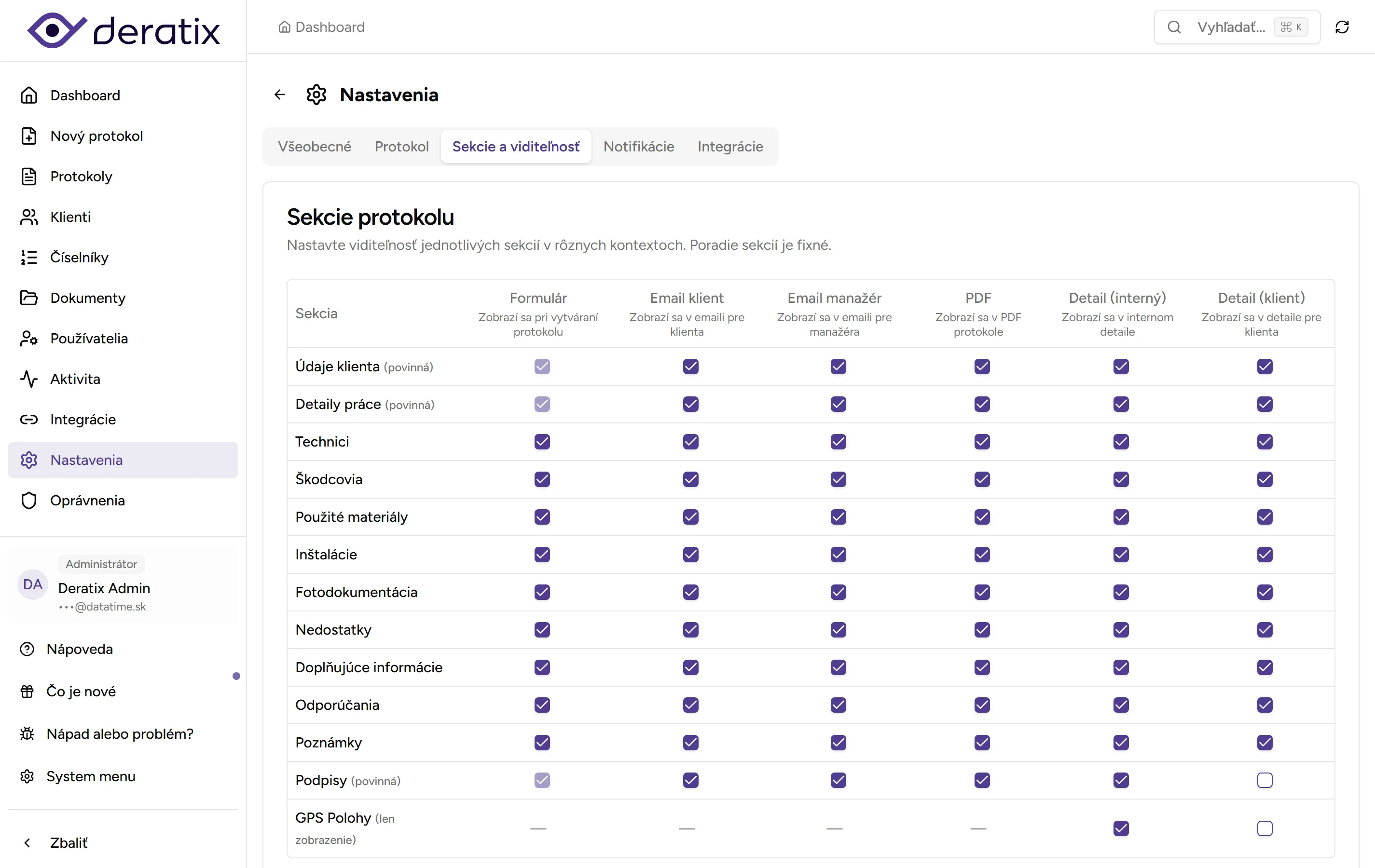 Sekcie a viditeľnosť - Desktop