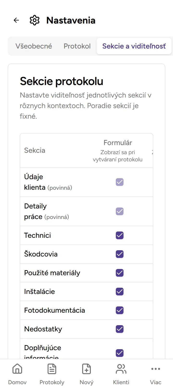 Sekcie a viditeľnosť - Mobile